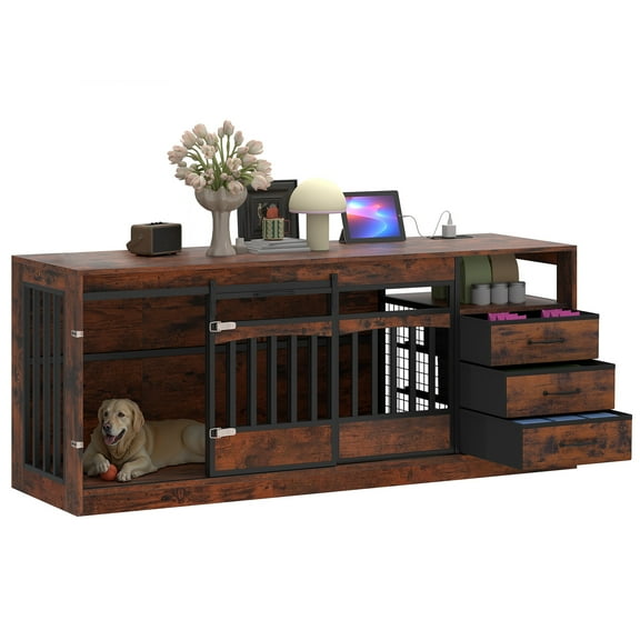 Homiflex 68" Large Dog Crate Furniture with 3 Storage Drawers & 1 Shelf Farmhouse Dog Kennel TV Stand Side Table Indoor for Large Dogs Decorative Dog Cage with Sliding Barn Door & Power Outlet Brown