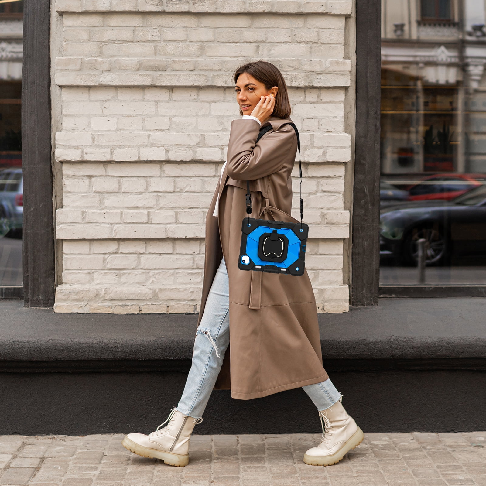Dteck with Pencil Holder Case for iPad Air 13 inch 2025/2024,Heavy Duty Silicone Case 360 Degree Rotating Handle Stand Cover with Shoulder Strap for iPad Air 13-in. M3/M2,Black+Blue