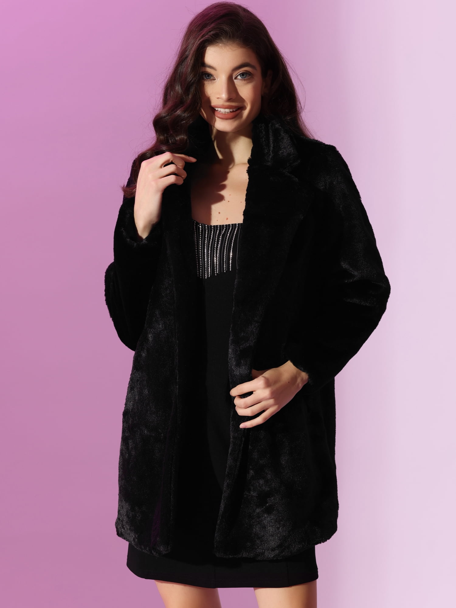 DARING DIVA Women's Lapel Faux Fur Fuzzy Warm Jacket Overcoat S Black