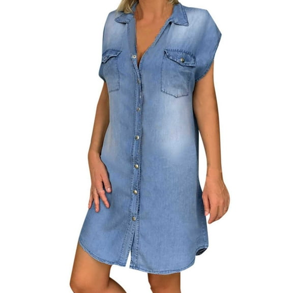 Patlollav Womens Casual V-Neck Solid Dresses Summer Sleeveless Pullover Denim Dress