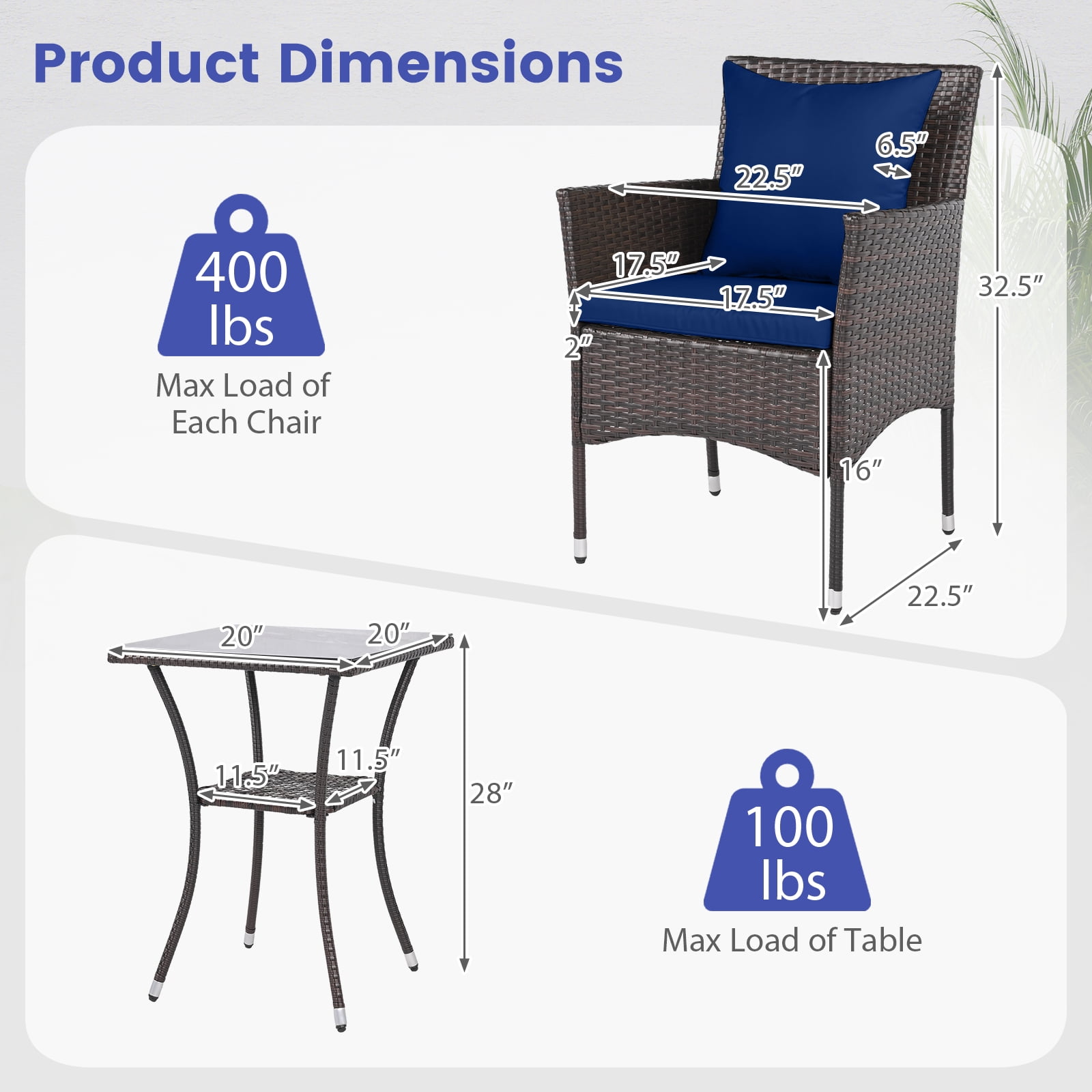 Costway 3PCS Patio Wicker Bistro Set, 2 Rattan Chairs with Double-Tier Tempered Glass Table Mix Brown+Blue