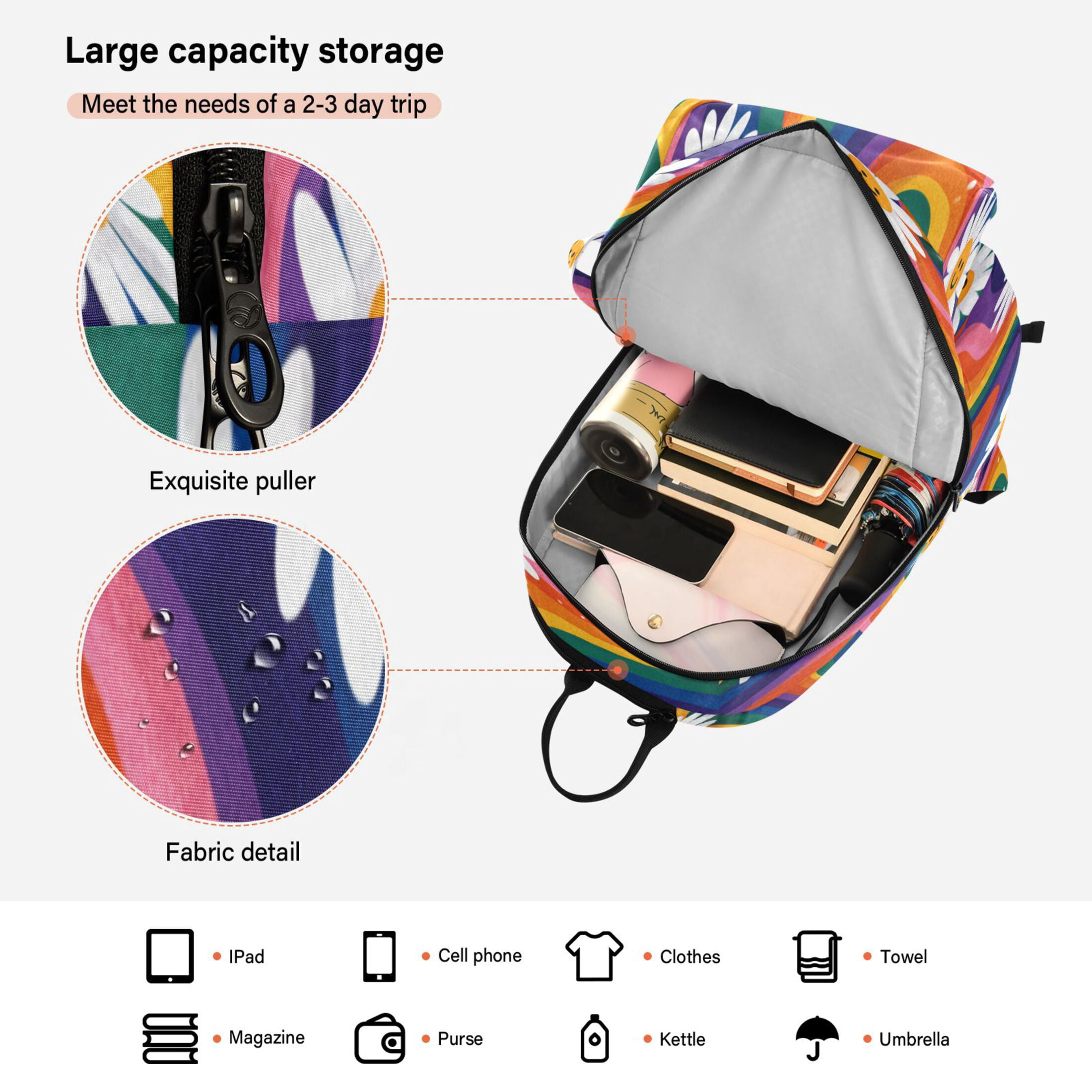 2 Racquet Holder Tennis Backpack Tennis Racket Covers Gym Bags Rainbow-colored Waves with Daisies