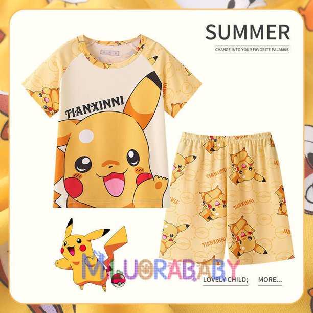 Conjunto de ropa de Pikachu Pokemon para niños y niñas, camiseta de manga corta, pantalones cortos, chándal deportivo, conjuntos de pijamas, 2023 qym unisex