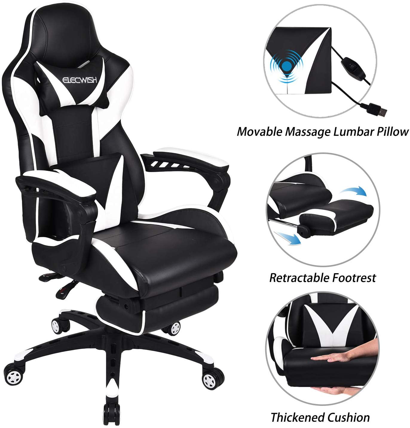 elecwish massage computer gaming chair reclining ergonomic racing office  chair with footrest high back pu leather gaming desk chair large size  esport