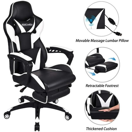 ELECWISH Massage Computer Gaming Chair Reclining Ergonomic Racing Office Chair with Footrest High Back PU Leather Gaming Desk Chair Large Size E-Sport Chair with Headrest and Lumbar Support