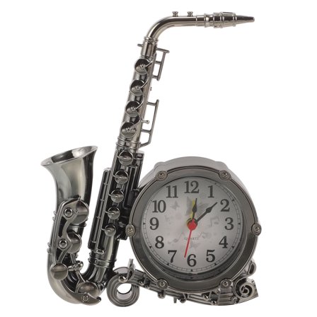 BESTOYARD Decorative Retro Saxophone Alarm Clock Metal Round Silent Clock for Bedroom and Office