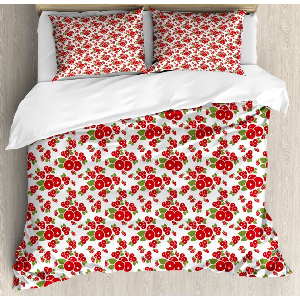 Cranberry Duvet Cover Set King Size, Childish Fruit Branches Cute Kids Nursery Foliage Harvest