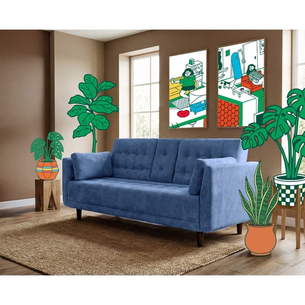 Sofá Cama De Velvet Azul Modelo Zeppelin Makora Con Portavasos