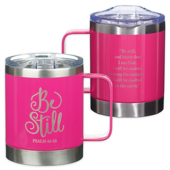 Be Still Stainless Steel Pink Mug w/Psalm 46:10 - Camp Style Travel Mug, Christian Mug for Women (11oz Double Wall Vacuum Insulated Coffee Mug with Lid and Handle)