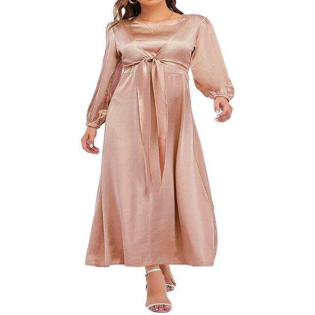 PENGXIANG Femme Robe Midi Automne à Manches Longues Nœud devant Robe en Satin