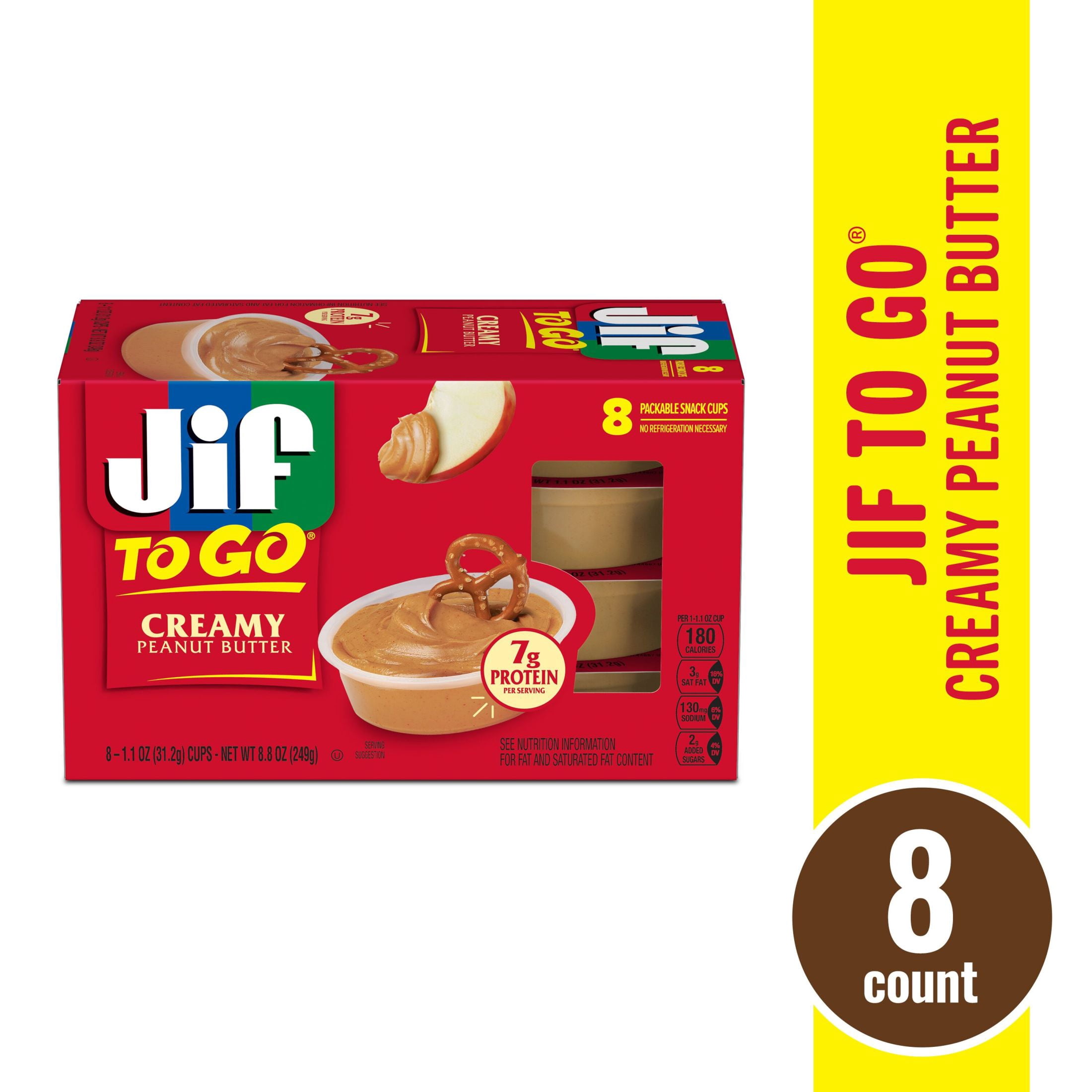 Jif To Go Creamy Peanut Butter, 8 Cups, 1.1 oz Each