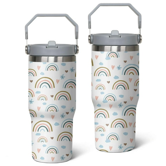 30oz Bohemian Style Stainless Steel Tumbler with Top Handle,Travel Coffee Mug Flip Straw Cup,Gifts for Women Girls Men Adults(grey)