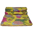 thumbnail image 4 of Indian Vintage Kantha Quilt Yellow Fruit Print Cotton Kantha Throw Kantha Blanket Handmade Quilt Double Size Kantha Bedspread, 4 of 5