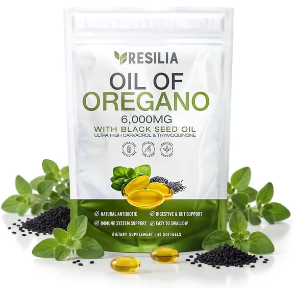 Resilia Softgels with Black Seed Oil 6000mg – Organic Oregano Oil Capsules for Immune & Digestive Support – Non-GMO, Gluten-Free Softgels – Natural Herbal Wellness Supplement (60 Count)