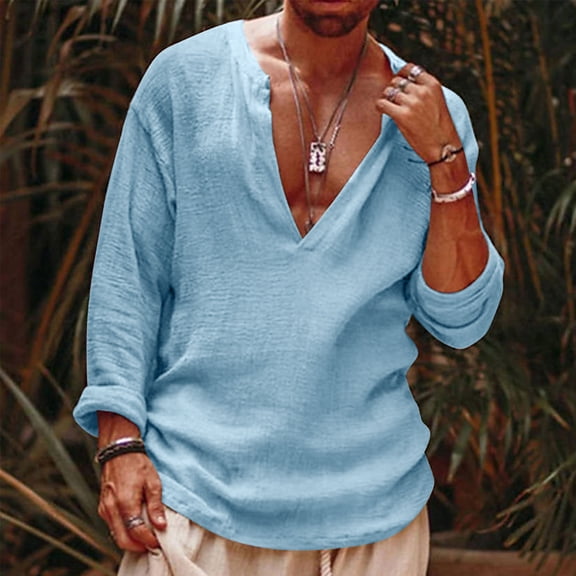 BRGZLK Mens Linen Henley Shirts Summer Hawaiian Solid Color Deep V-Neck Long Sleeve Tops Lightweight Comfort Casual Loose T-Shirt Top Light Blue L