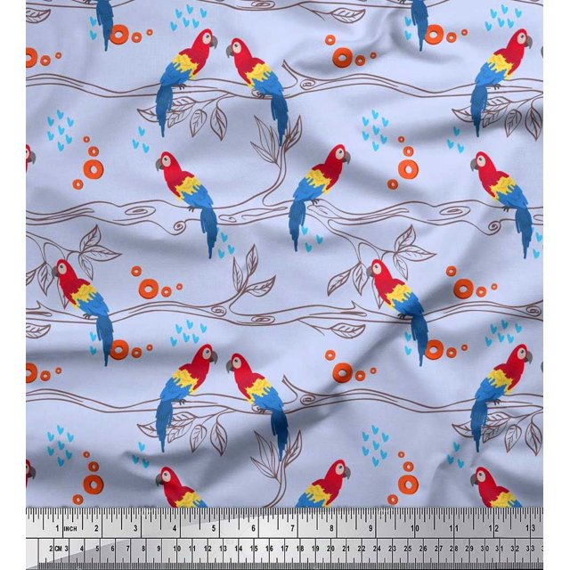 Soimoi Poly Georgette Fabric Branches,Leaves & Macaw Parrot Bird Print Fabric by Yard 42 Inch Wide