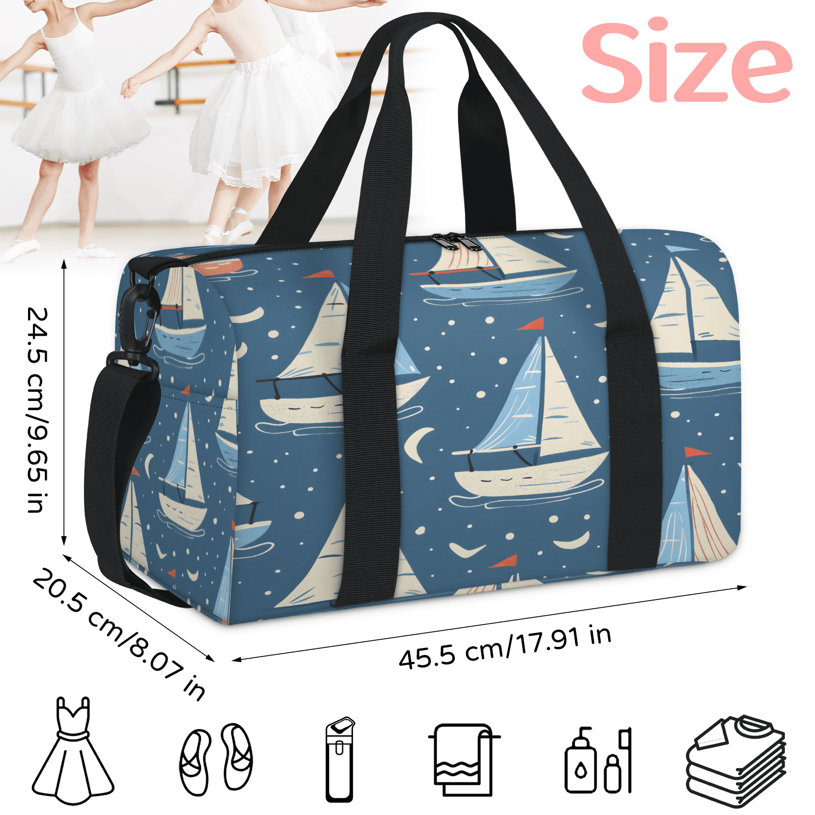 Herdesigns Coastal Sailboat Gym Bag for Women, Duffle Bag for Travel Sport, Seaside Nautical Lightweight Waterproof Carry on Weekender Dance Yoga Workout Bags