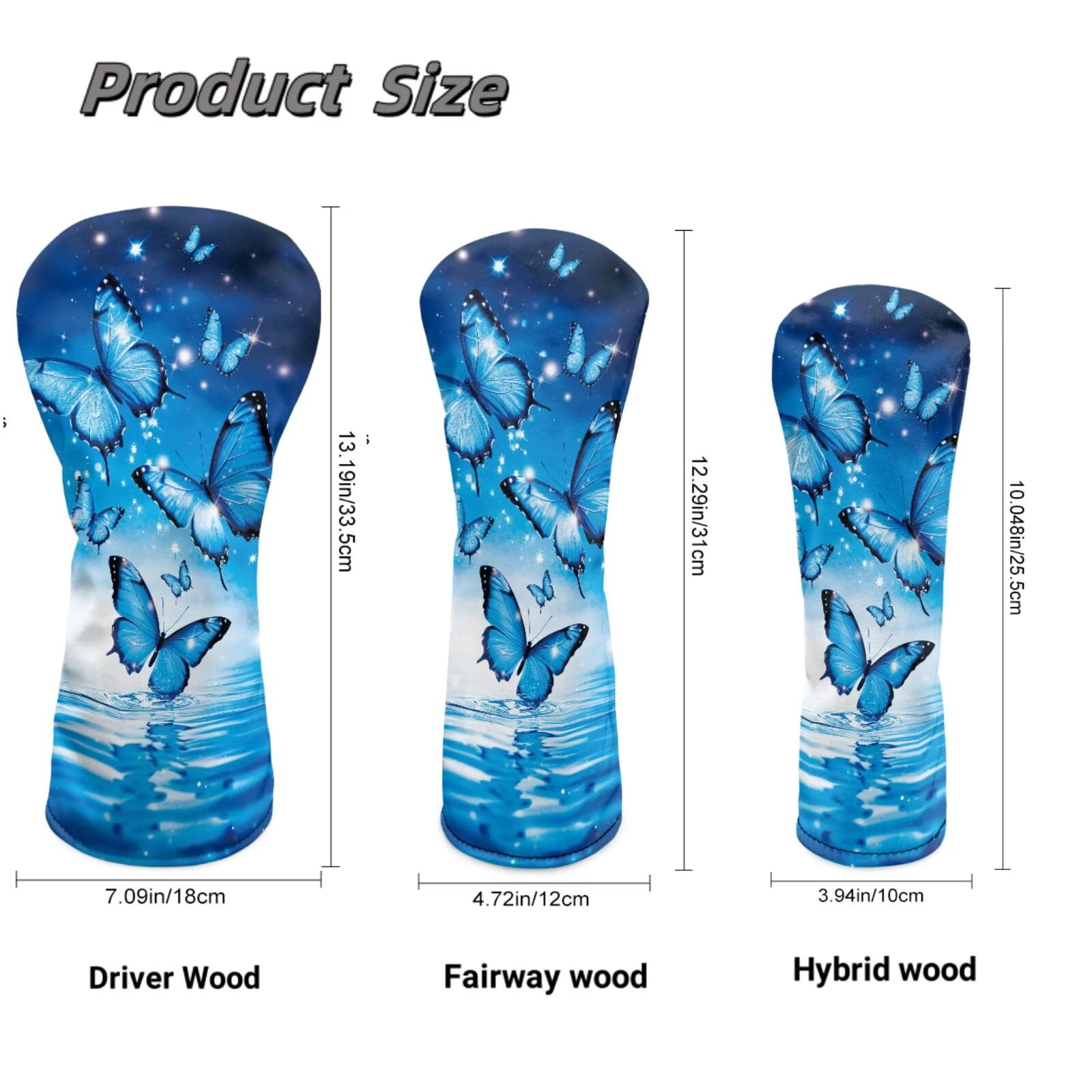 Uorisanigo Golf Club Head Cover 3PCS Set, Driver Headcovers, Fairway Woods Head Covers, Hybrids Headcover, Blue Butterfly Golf Club Covers with Soft Lining for Extra Clubs Protection