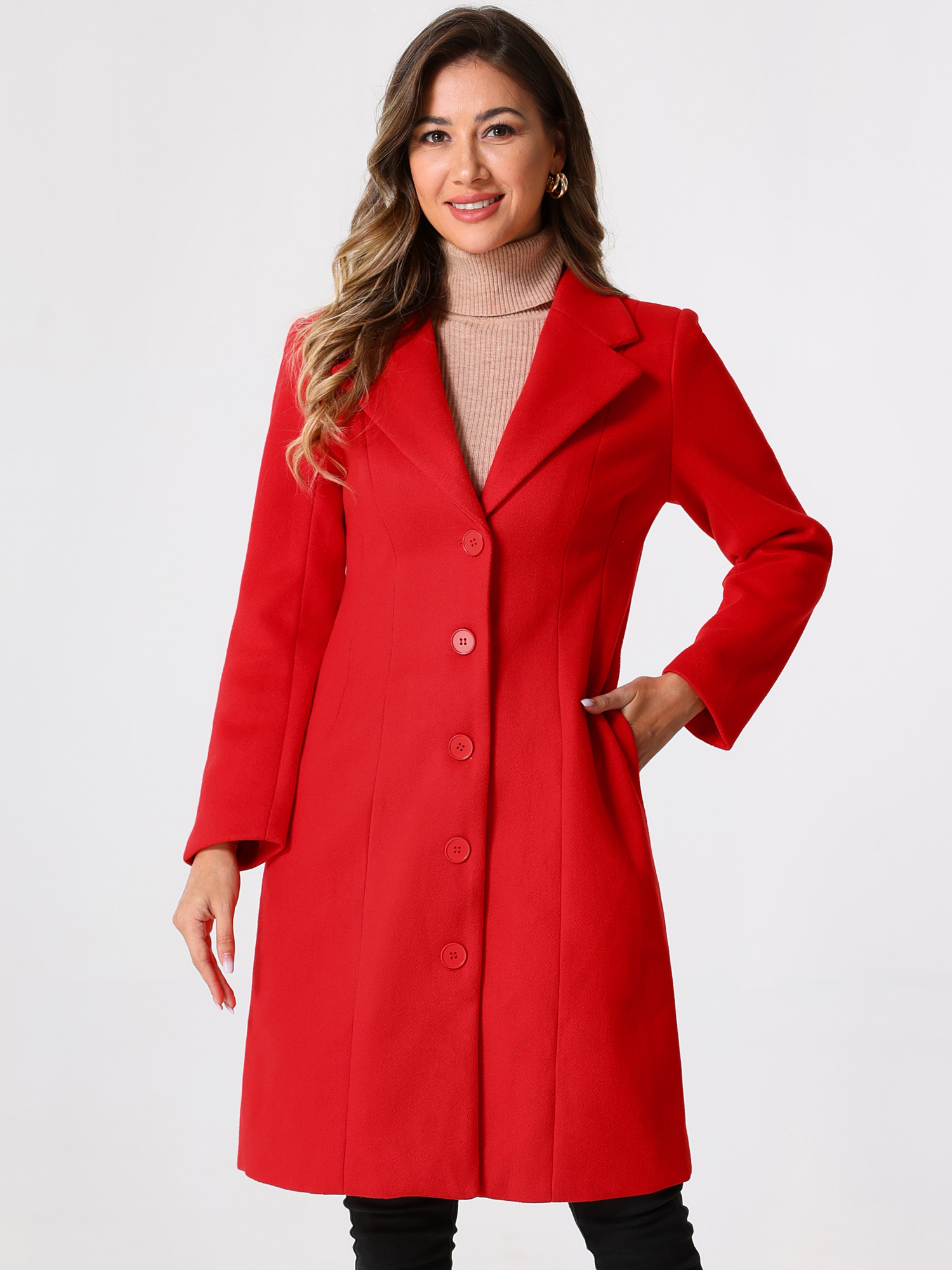 DARING DIVA Women's Winter Coats Lapel Collar Single Breasted Peacoat Red XS