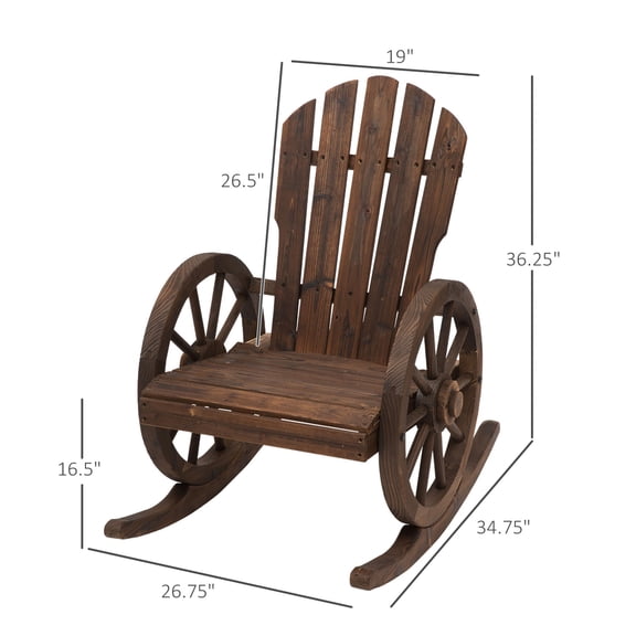 Wooden Rocking Chair, Adirondack Rocker Chair w/Slatted Design and Oversized Back, Outdoor Rocking Chair with Wagon Wheel Armrest for Porch, Poolside, and Garden, Carbonized