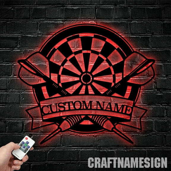 Craftnamesign Custom Dart Game Metal Sign LED Light, Dartboard Name Sign, Dart Game Home Decor