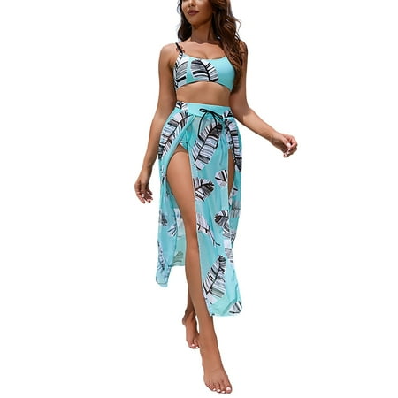 Swimming Bra with Underwire Women Casual Solid Hollow Strap Bikini Swimwear Bathing Sky Blue Beachwear Three Piece Swimsuit Long Swim Tops Women