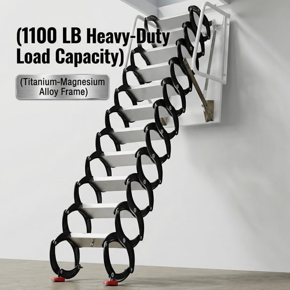 Folding Loft Staircase, 12 Steps, 14.7×5.3in Pedals, Wall-Mounted, 1102 LBS, Attic Ladder, Loft, Garage, Home