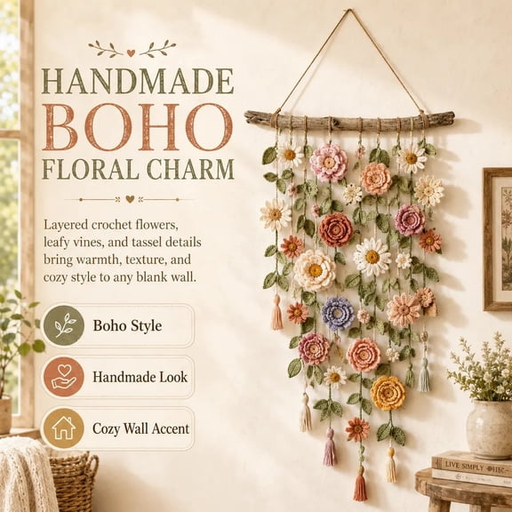 Handcrafted Crochet Flowers Wall Decor, Decorative Boho Hanging Flower Garland, Whimsical Fairy Decor for Bedroom Doorway Balcony Living Room Display
