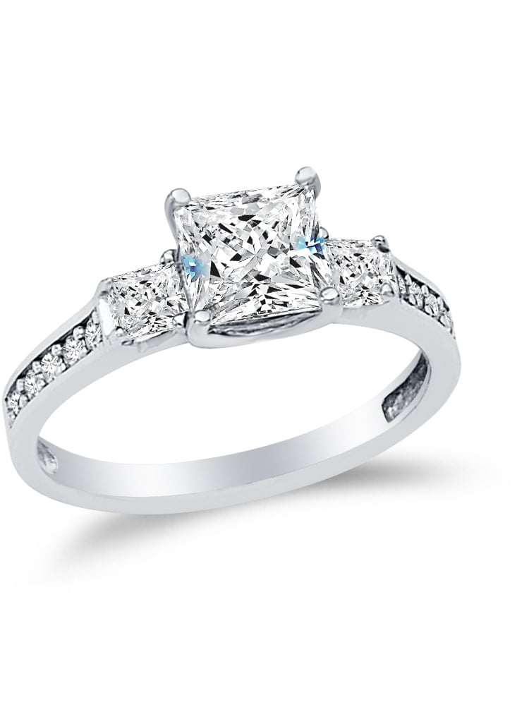 1.75Ct Three Stone Princess Cut Diamond Ring 14k White Gold Finish Size 8.5 