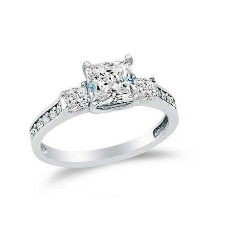 Solid 14k White Gold Princess Cut Three 3 Stone Wedding Engagement Ring, CZ Cubic Zirconia (1.75 ct.) , Size