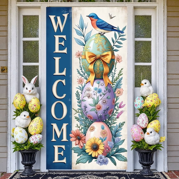 Bunny Theme Easter Bunny Banner Colorful Eggs Spring Backdrop Pastel Colors Daisies Floral Easter Background for Easter Party Spring Celebration Kids Event