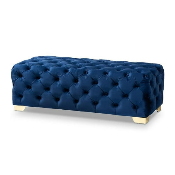 Bowery Hill Modern Tufted Velvet Ottoman in Blue and Gold