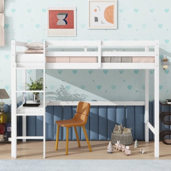 Twin High Loft Bed with Rubber Wood, Safety Guardrail, Built-in Desk & Ladder in White