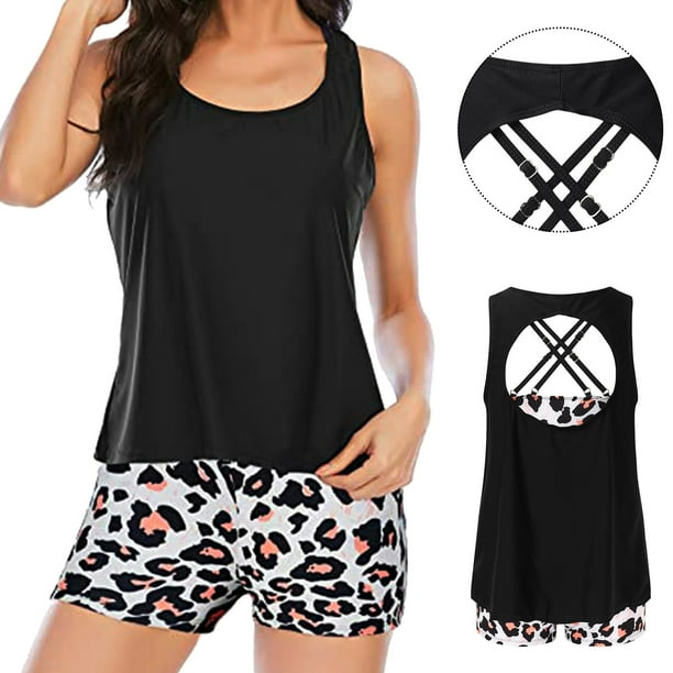 Bikini Mujer Traje de Baño Conjunto de Traje de Baño Tankini de 3 Piezas Para Mujer, Elegante Traje de Baño, Camiseta Sin Mangas Con Pantalones Cortos y Sujetador, Ropa de Playa Cómoda