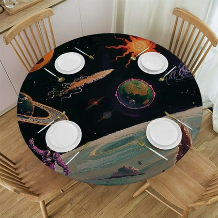 

Palnkart Planets Stars Space Art Round Table Cover Stain Resistant Washable Indoor Outdoor Tablecloth Kitchen Dining Wedding Parties 100% Polyester Fiber 38-42