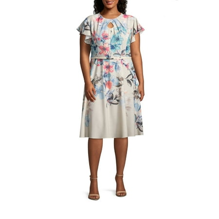 Gabby Skye Women's Plus Size Flutter Sleeve Floral Belted Dress
