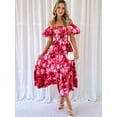thumbnail image 3 of Women'S Summer Casual Midi Dress Puffy Short Sleeve Square Neck Smocked Tiered Ruffle Dresses Rose Red & Pink XL, 3 of 5
