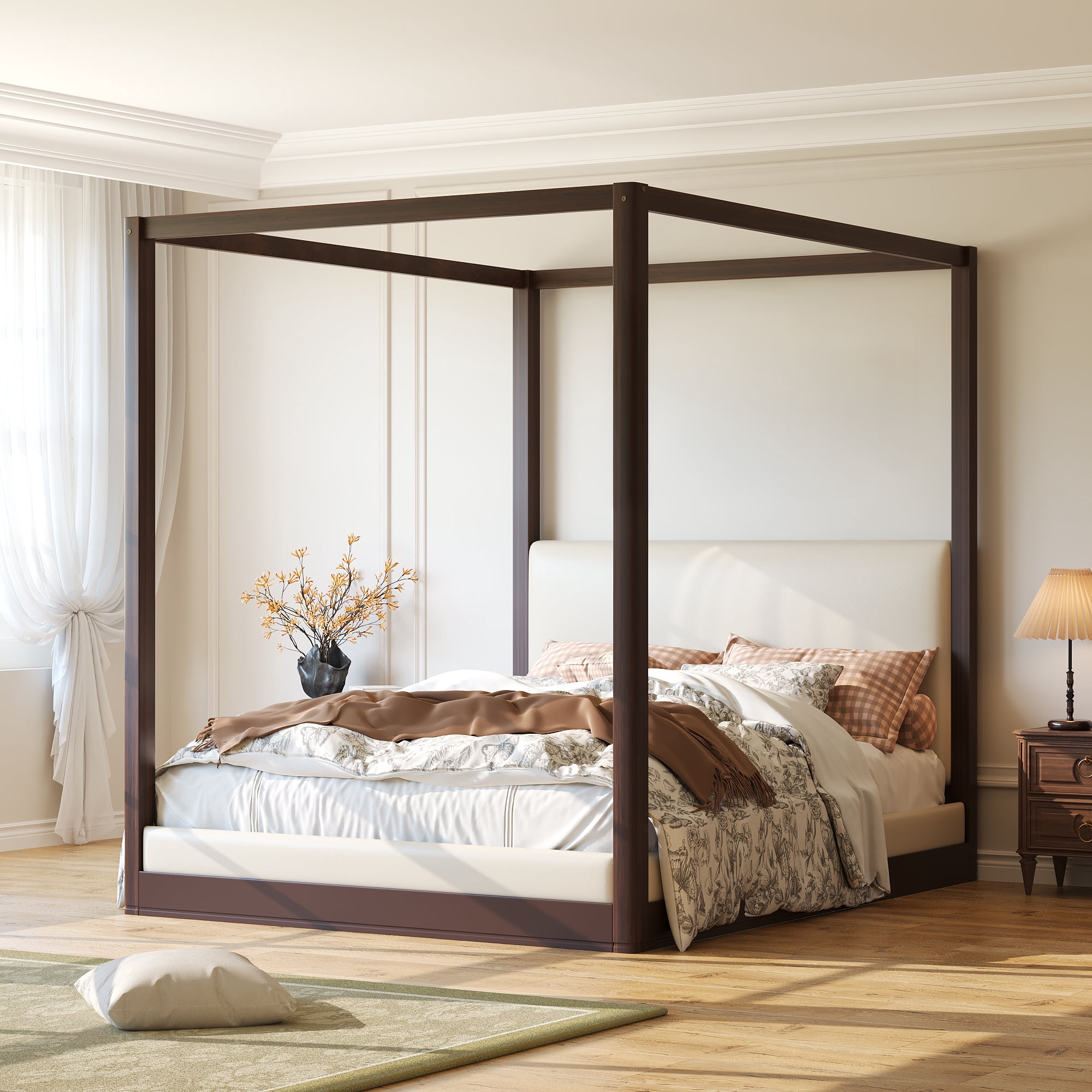 Euroco Wood Queen Size Canopy Bed with Upholstery Headboard, Espresso