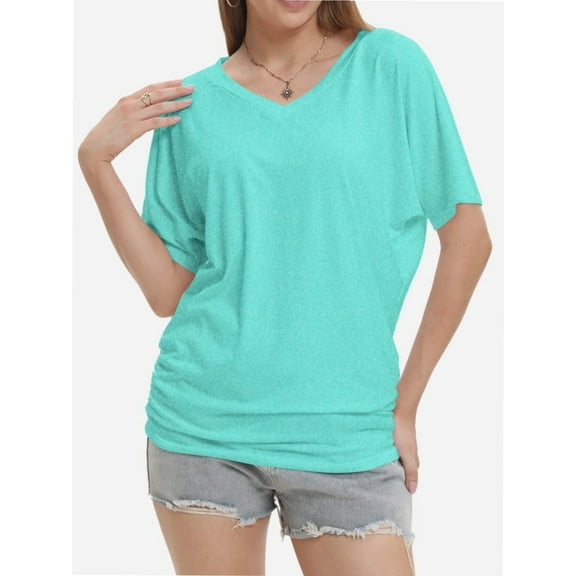 Women's V Neck Tunic Tops Short Sleeve T Shirts with Side Shirring Ruched Blouse Shirts