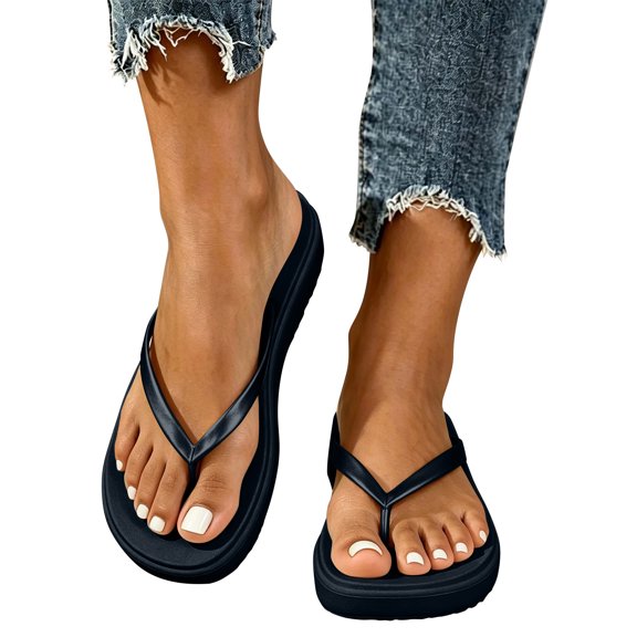 Fengactive Womens Minimalist Platform Flip Flops Solid Tone Thick Sole Thong Sandals Summer Slippers