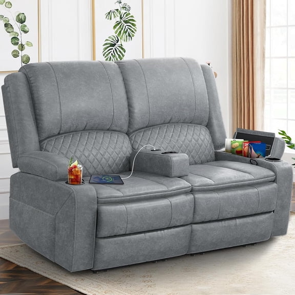 LOBERFVE Manual Reclining Loveseat Sofa with USB Ports, Cup Holders & Removable Armrest, 2-Tier Cushions, Gray PU Leather for RV/Living Room