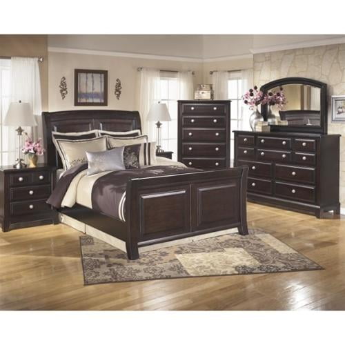 Ashley Ridgley 6 Piece Wood Queen Sleigh Bedroom Set In Dark Brown Brickseek