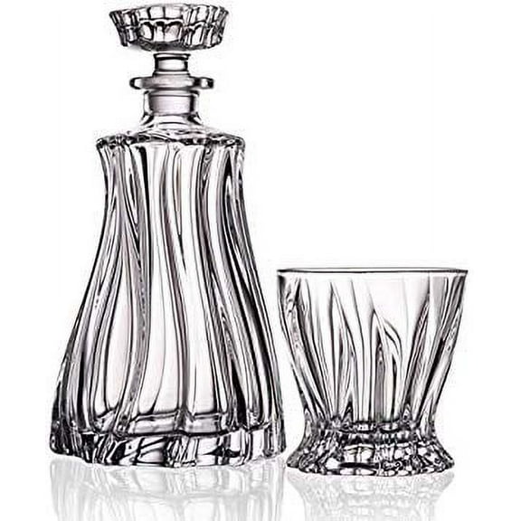 Q115-52, Crystal Decanter & Six Heavy-Base Whisky Scotch Brandy Glasses, Classic Wedding Gift Carafe & Whiskey Tumblers, 1 6-Piece Set