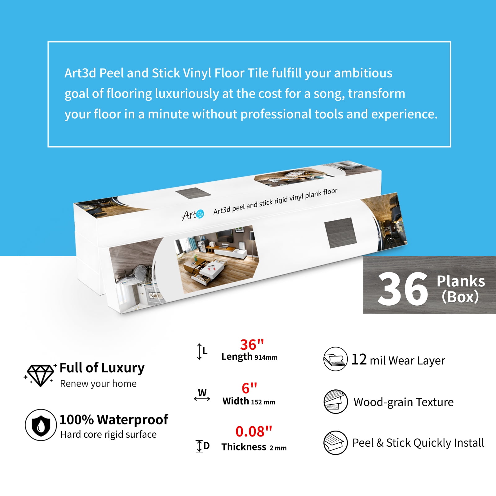 Art3d Self-Adhesive Flooring Peel and Stick Floor Tile Vinyl Wood Plank 36-Pack 54 Sq.Ft-Grey