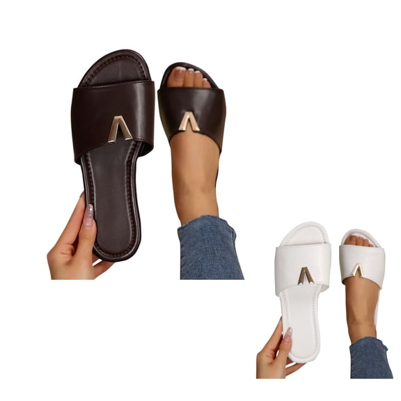 Bixock Slippers for Women,Women's Sandals V-Strap Open Toe Flat Sandals with Metal Detail for Summer Casual Beach Vacation Flat Sandals Shoes