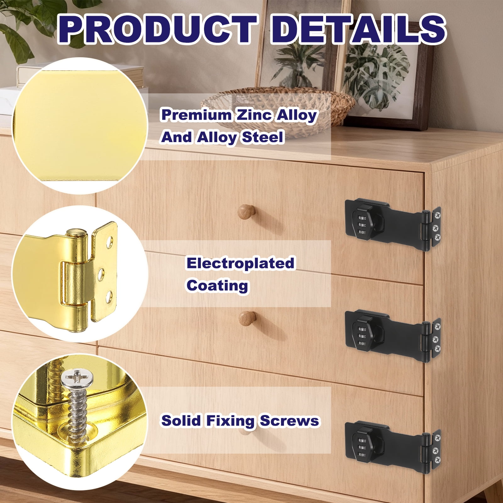 Uxcell 2 Pcs Keyless Cabinet Lock with Combination Code (3.5 Inch) - 3-Digit Password Hasp Latch Lock Mechanical Password Rotary Hasp, for Drawer Closet Cupboard Door, Gold