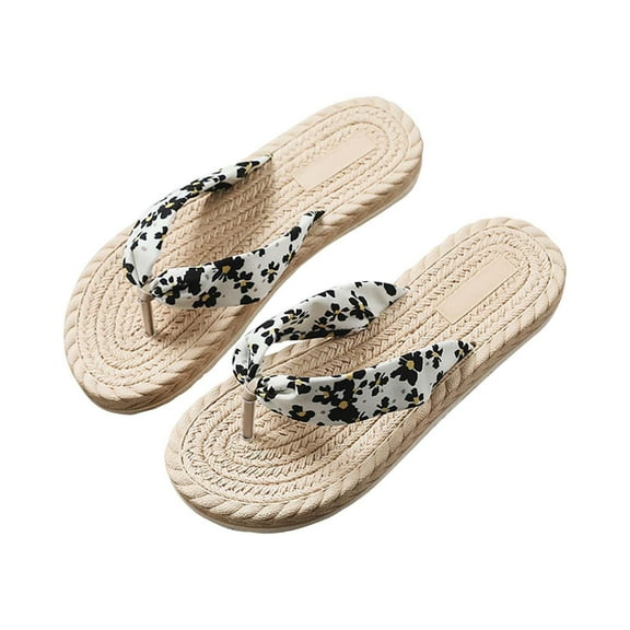 JeashCHAT Sandals for Women, Slide Sandals Women Shoes Summer Floral Flip Flops Beach Sandals Thongs Slippers Sandals Imitation Rope Travel Flip-flops Flat-bottom (White)