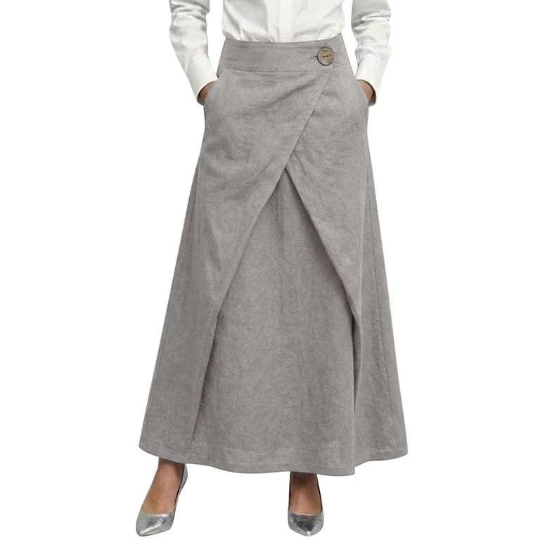Umfun Women's Linen Blend Wrap Maxi Skirt with Front Cross Detail