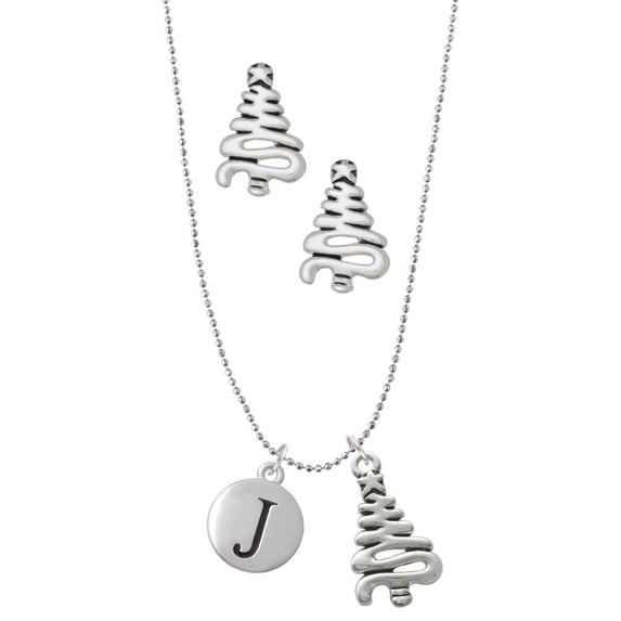 Delight Jewelry Silvertone Capital Letter - J - Pebble Disc - Silver tone Zig Zag Christmas Tree Charm Necklace and Stud Earrings