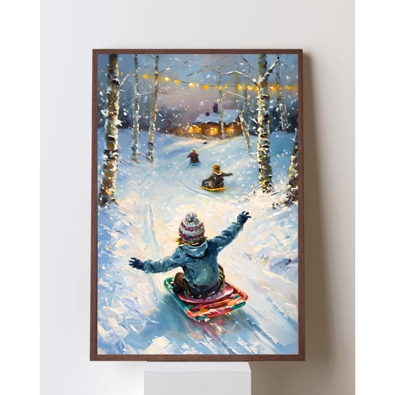 Cozy Winter Sledding Poster- Nostalgic Snow Day Art, Children Sledding At Night, Country Decor, Twinkle Lights Snowy Cottage Art, Unframed Poster Size 8x12